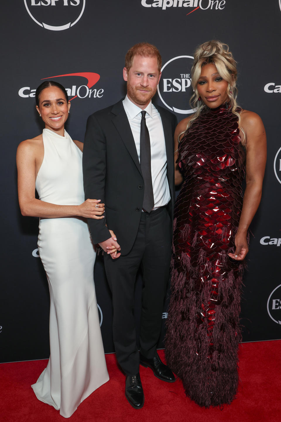 HOLLYWOOD, CALIFORNIA - JULY 11: (Exclusive Coverage) (L-R) Meghan, Duchess of Sussex, Prince Harry, Duke of Sussex and Serena Williams attend the 2024 ESPY Awards at Dolby Theatre on July 11, 2024 in Hollywood, California. (Photo by Kevin Mazur/Getty Images for W+P)