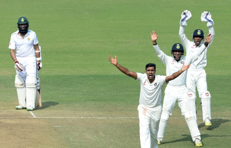 India appeal unsuccessfully against South Africa's captain Hashim Amla during the third Test in Nagpur on November 27, 2015