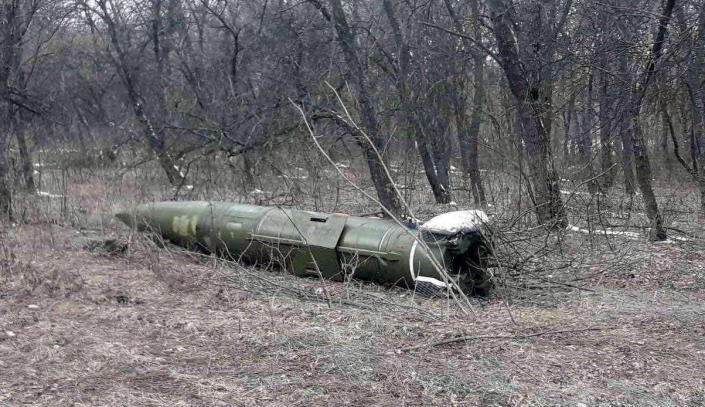 A short-range hypersonic ballistic missile, according to Ukrainian authorities, in Kramatorsk, Ukraine, in a photo released on March 9. (Press service of the National Guard of Ukraine/Handout via Reuters)