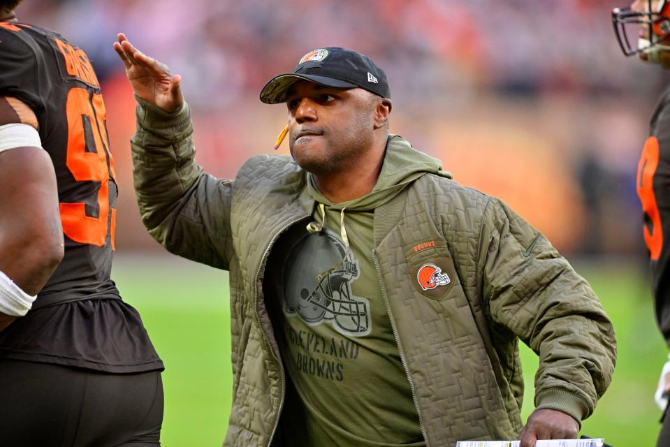 FILE - Cleveland Browns defensive coordinator Joe Woods celebrates a sack during the second half of the team's NFL football game against the Tampa Bay Buccaneers in Cleveland, Sunday, Nov. 27, 2022.