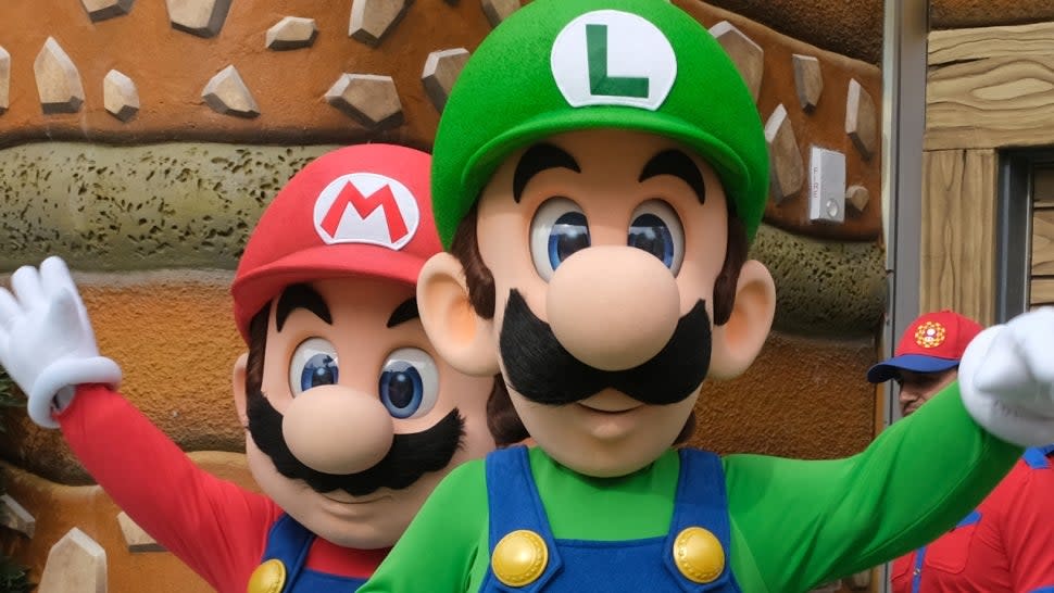 Mario and Luigi characters at Super Nintendo World in Universal Studios Hollywood.