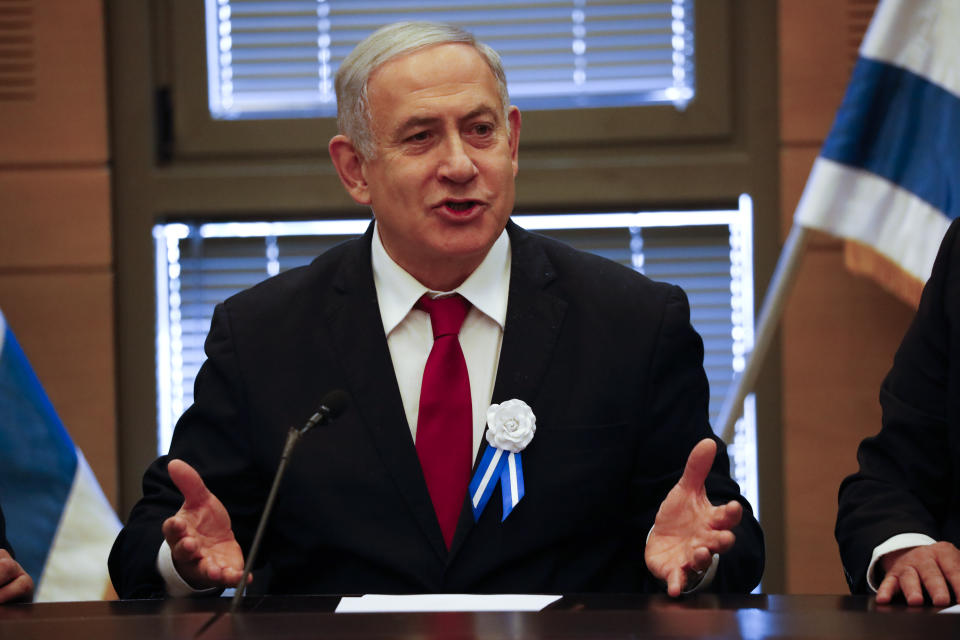 FILE - In this Oct. 3, 2019, file photo, Israeli Prime Minister Benjamin Netanyahu speaks during his party's faction meeting in Jerusalem. Israeli President Reuven Rivlin said Monday, Oct. 21, 2019, that Netanyahu has ended his quest to form a new coalition government -- a step that pushes the country into new political uncertainty. Netanyahu fell short of securing a 61-seat parliamentary majority in last month’s national election. (AP Photo/Ariel Schalit)