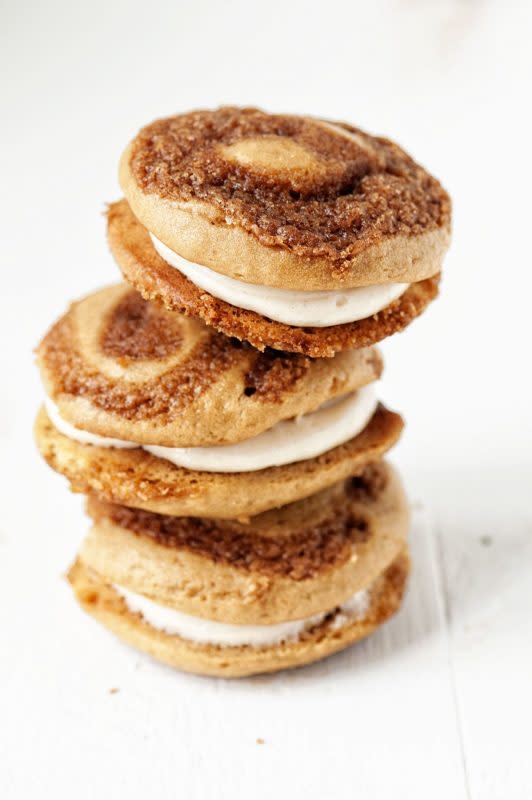 <p>Sweet Recipeas</p><p><strong>Get the recipe: <a href="https://www.sweetrecipeas.com/2016/11/30/cinnamon-roll-whoopie-pies/" rel="nofollow noopener" target="_blank" data-ylk="slk:Cinnamon Roll Whoopie Pies;elm:context_link;itc:0;sec:content-canvas" class="link rapid-noclick-resp">Cinnamon Roll Whoopie Pies</a></strong></p>