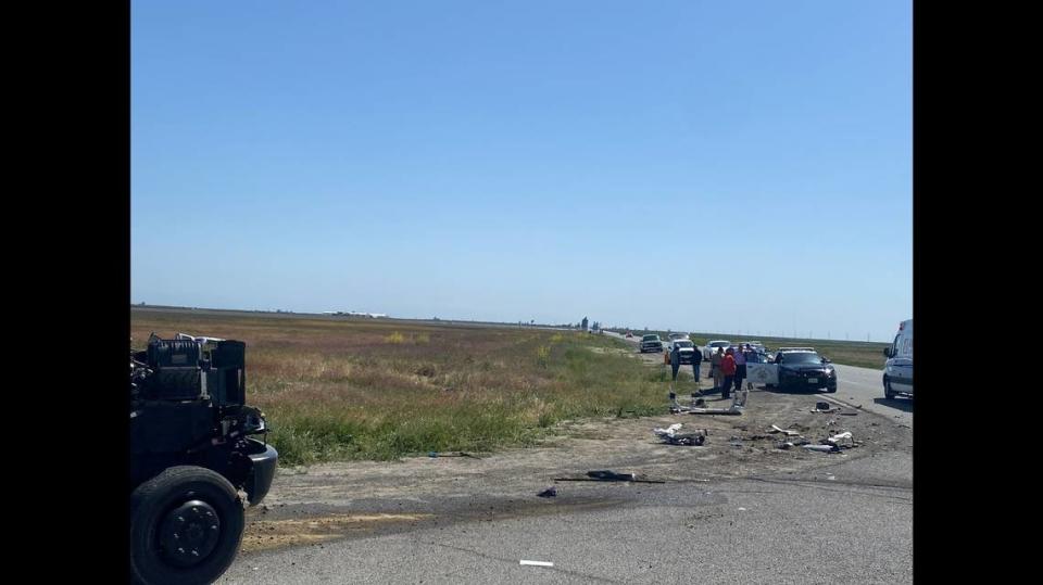 Officers investigate a fatal crash near Manning Avenue and James Road on Wednesday, April 19, 2023, according to the California Highway Patrol.