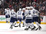 Oct 14, 2017; Montreal, Quebec, CAN; Toronto Maple Leafs players celebrate their win against Montreal Canadiens at Bell Centre. Mandatory Credit: Jean-Yves Ahern-USA TODAY Sports