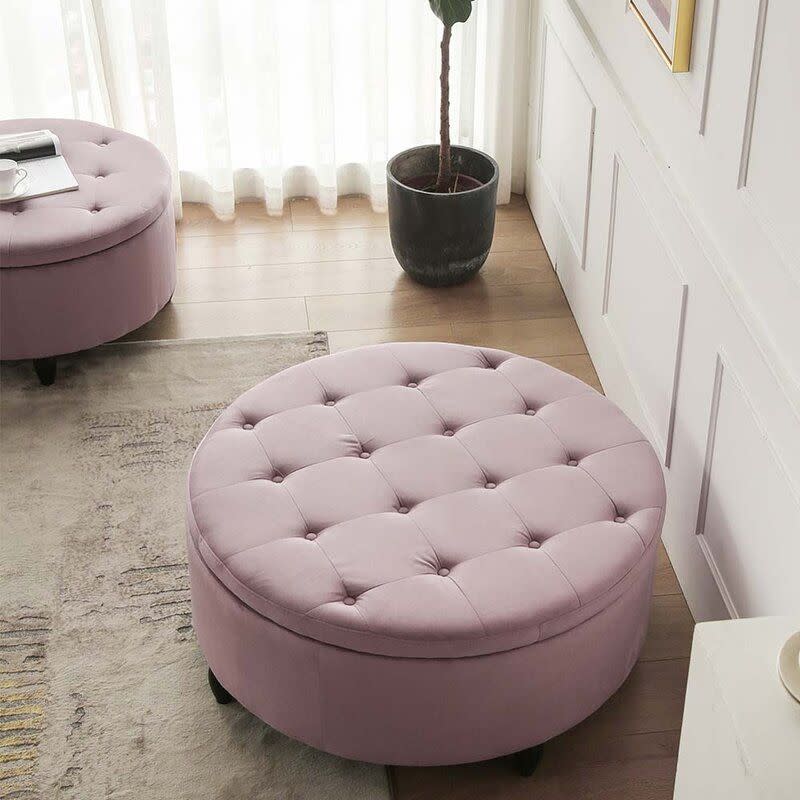 <p>“Think of a footstool as your new coffee table and style it as such; arrange it with glossy coffee table books, a tray with drinks and a throw at the ready," explains Sarah. "Pick one that doubles up as storage for when you want to clear it away and put your feet up.”</p><p><a class="link " href="https://www.wayfair.co.uk/furniture/pdp/marlow-home-co-walston-69cm-wide-velvet-round-storage-ottoman-u002205300.html?piid=32120" rel="nofollow noopener" target="_blank" data-ylk="slk:SHOP THE LOOK NOW;elm:context_link;itc:0;sec:content-canvas">SHOP THE LOOK NOW</a></p>