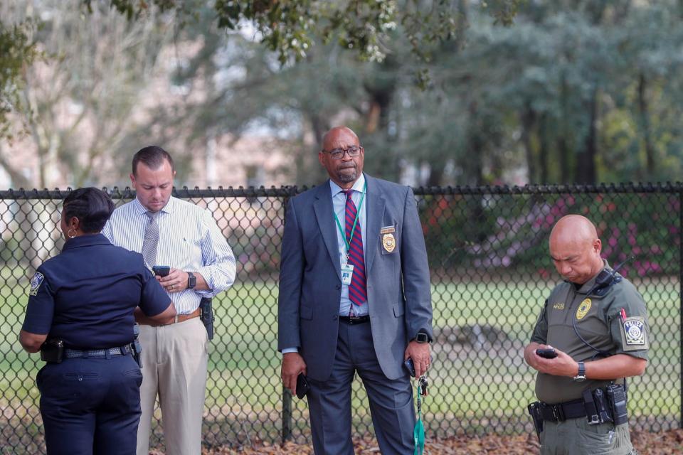 Savannah Chatham Schools Chief of Campus Police Terry Enoch stands on scene after a Savannah High Student was shot after leaving the campus on Wednesday March 1, 2023.