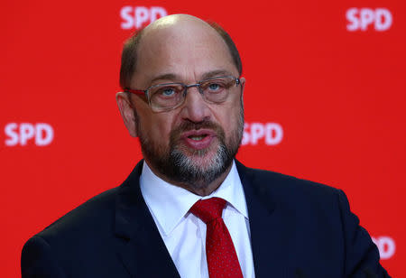 Leader of the Social Democrats (SPD) Martin Schulz gives a statement in Berlin, Germany, November 24, 2017. REUTERS/Pawel Kopczynski