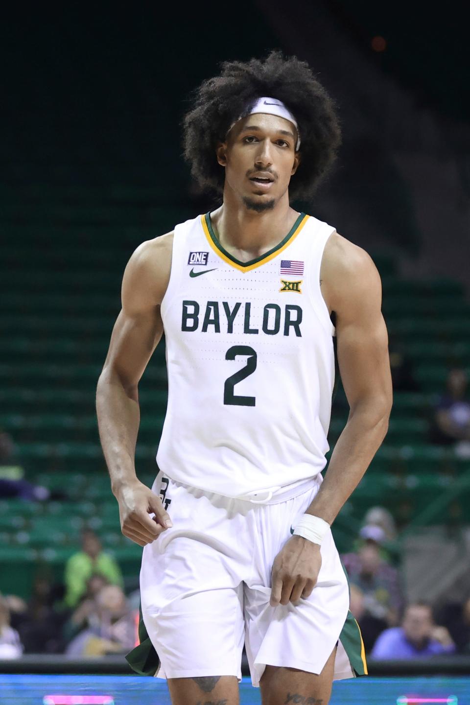 Baylor guard Kendall Brown waits for a play to begin against Nicholls State in the second half of an NCAA college basketball game, Monday, Nov. 15, 2021, in Waco, Texas. (AP Photo/Rod Aydelotte)