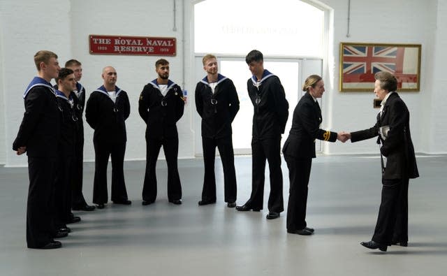 The Princess Royal, right, as Commodore-in-Chief Portsmouth, meets Royal Navy personnel at Portsmouth Naval Base who took part in the Queen’s funeral procession