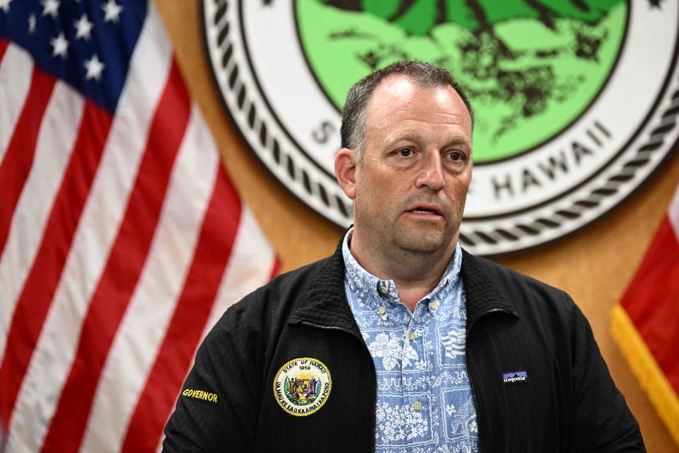 Hawaii Gov. Josh Green speaks during a press conference about the destruction of historic Lahaina and the aftermath of wildfires on Aug. 10, 2023.