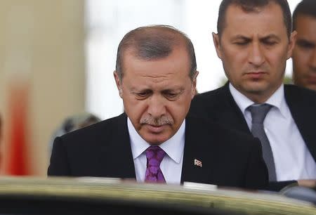 Turkish President Tayyip Erdogan looks on after arriving at Esenboga Airport, in Ankara, Turkey, June 8, 2015. REUTERS/Umit Bektas