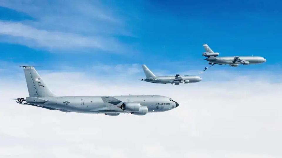 All three of the US Air Force's current tankers. From front to back, a KC-135, a KC-46, and a KC-10. <em>USAF</em>