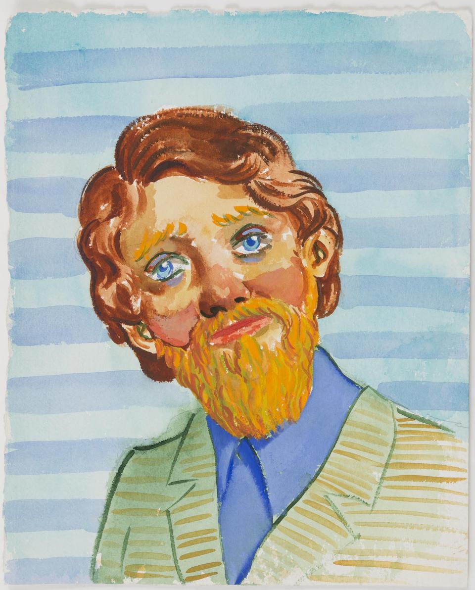 Currin’s men are nubby and nobby. Untitled, 1994. Gouache on paper.