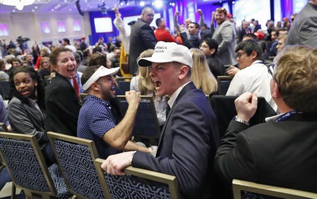 Supporters shout down a protester as President Trump speaks at the Conservative Political Action Conference in Oxon Hill, Maryland. Alex Brandon / AP