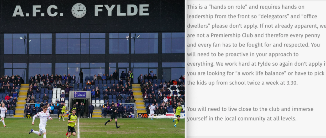 The job advert for General Manager at AFC Fylde has been met with a backlash on social media. (PA/Twitter)