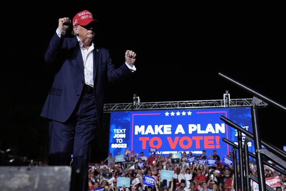 Republican presidential candidate former President Donald Trump dances after speaking at a campaign rally at Trump National Doral Miami, Tuesday, July 9, 2024, in Doral, Fla. (AP Photo/Rebecca Blackwell)