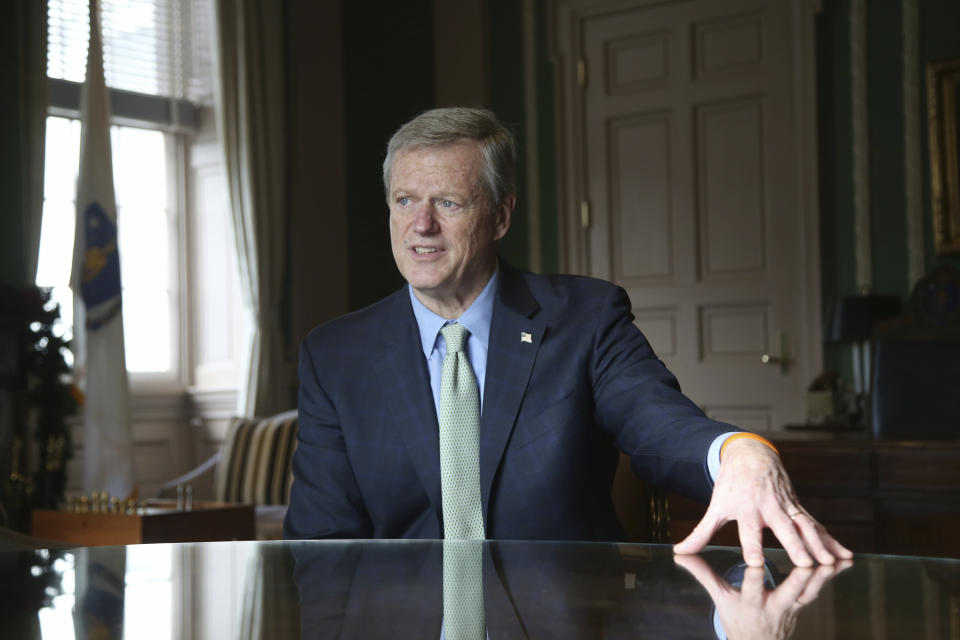 Massachusetts Governor Charlie Baker speaks during an interview at the Massachusetts State House Tuesday Dec. 27, 2022, in Boston, Mass. (AP Photo/Reba Saldanha)