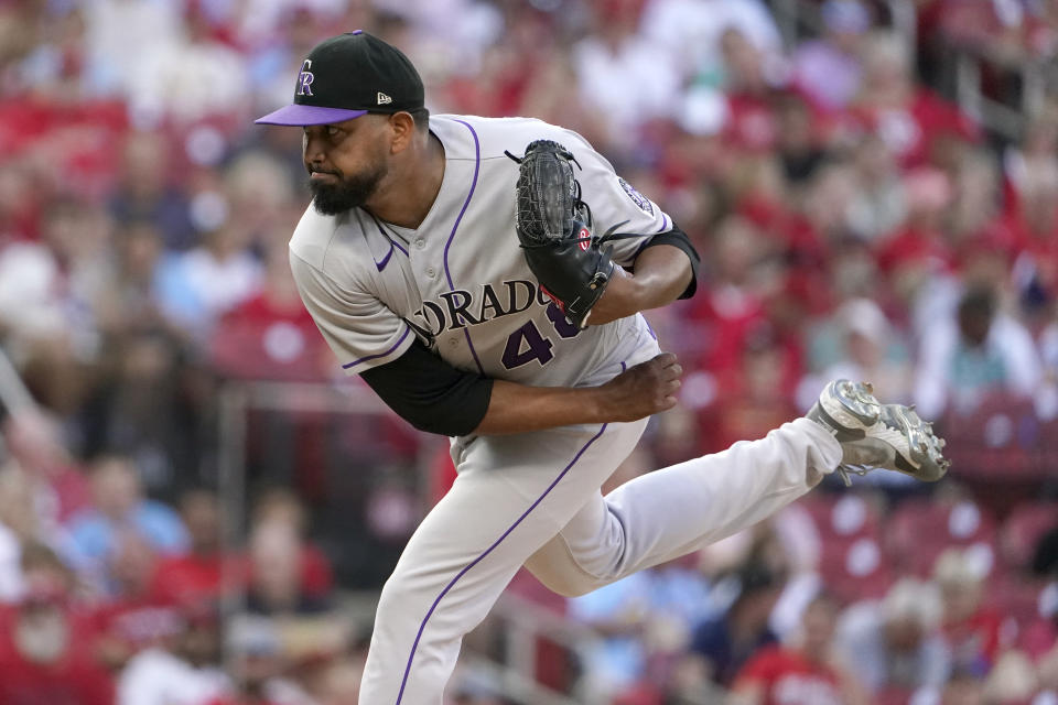 Colorado Rockies starting pitcher German Marquez throws during the first inning of a baseball game against the St. Louis Cardinals Wednesday, Aug. 17, 2022, in St. Louis. (AP Photo/Jeff Roberson)