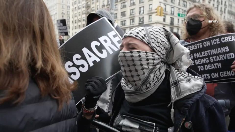 A protester shouted, “We are all Hamas, pig!” during a demonstration near Columbia University’s campus on Wednesday. FNTV