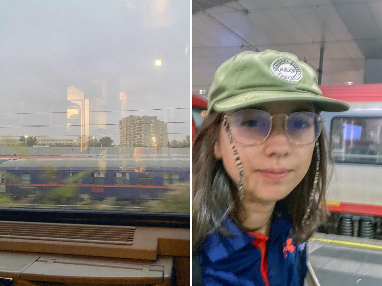 Two images. Left: a train seen from the window of a train in the early morning