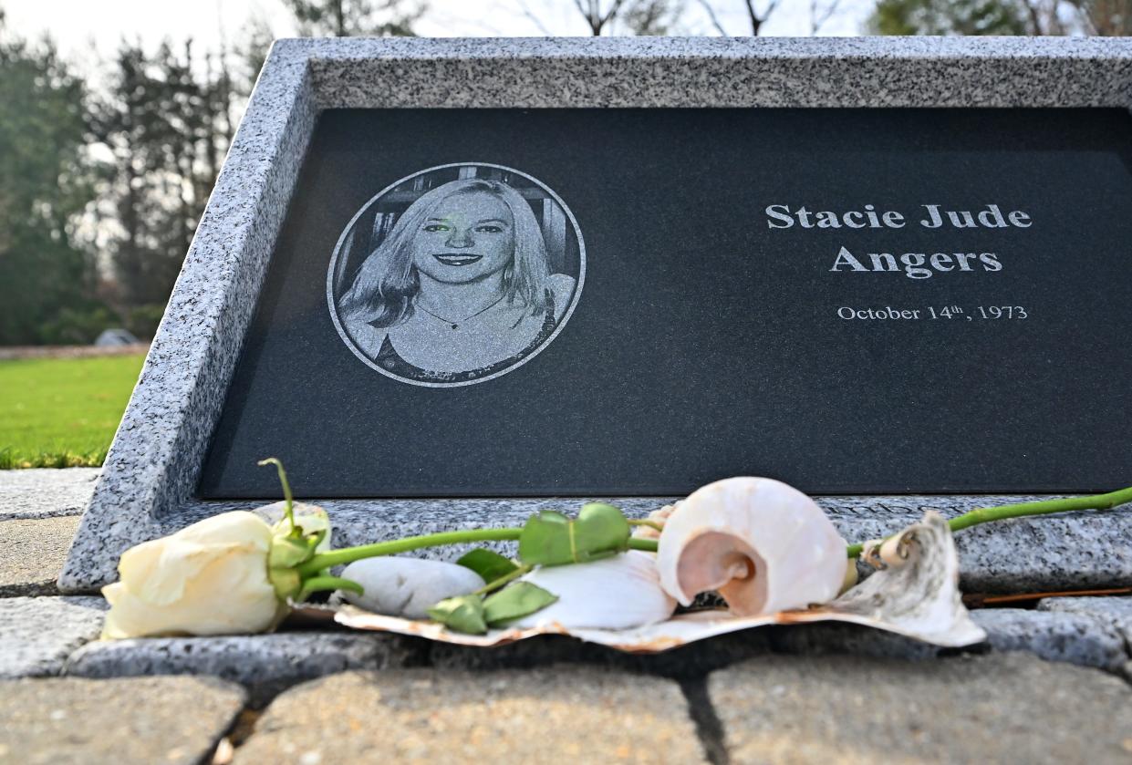 The memorial to Stacie Angers at Station Fire Memorial Park in West Warwick, R.I.