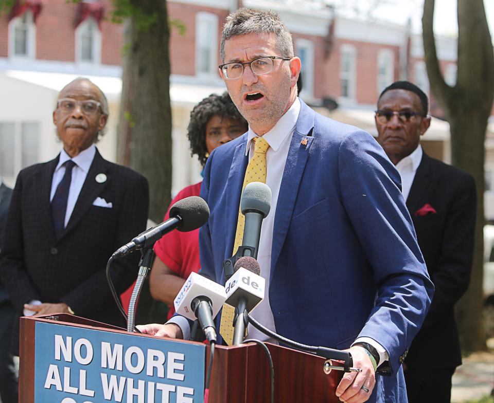 New Castle County Executive Matt Meyer speaks at a press conference calling for judicial diversity in Delaware on Tuesday April 30, 2024.