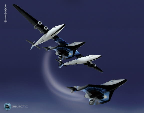An artist's illustration of a SpaceShipTwo drop launch from its mothership WhiteKnightTwo.