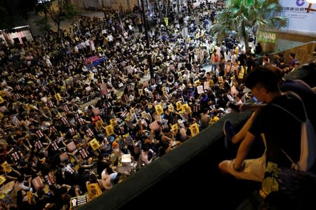 Anti-extradition bill protesters attend a rally calling on the British and U.S. governments to monitor the implementation of "one country two systems" principal, in Hong Kong