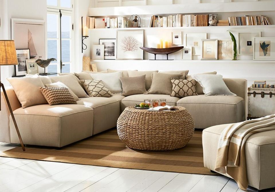 Contemporary living room in beige and browns decorated in Pottery Barn products