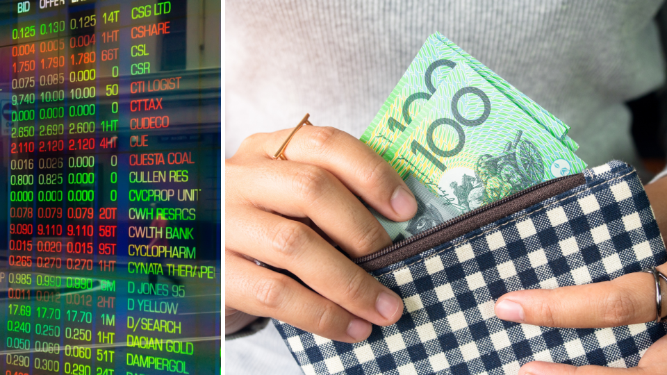 The ASX board showing company price changes and a person removing $100 notes from a wallet.