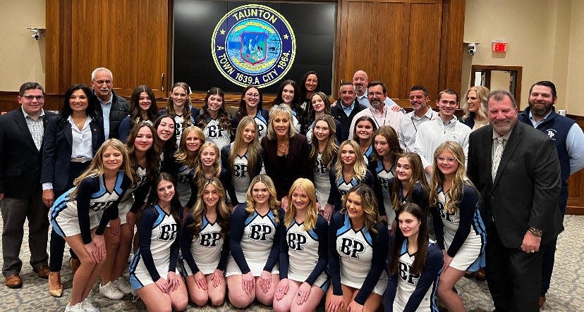 The B-P cheerleading team and coaches had much to smile about on Tuesday, Nov. 29, 2002, after the City Council and Mayor Shaunna O'Connell presented them citations for winning the recent state Game Day championship.