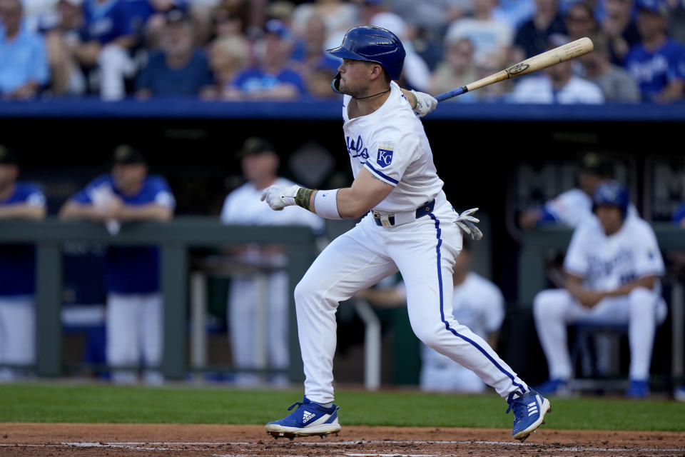 Kansas City Royals' Michael Massey watches his RBIU single during the first inning of a baseball game against the Oakland Athletics Saturday, May 18, 2024, in Kansas City, Mo.(AP Photo/Charlie Riedel)