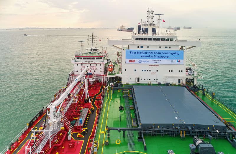 A view of the Kira Oldendorff at the time of biofuels bunkering conducted by BHP, GoodFuels and with support from the Maritime and Port Authority of Singapore (MPA) in Singapore