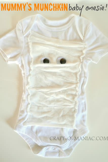 <p>This DIY onesie takes just a few minutes to make when you're in need of a <a rel="nofollow noopener" href="https://www.redbookmag.com/life/g13124057/easy-last-minute-halloween-costumes-diy/" target="_blank" data-ylk="slk:last-minute option;elm:context_link;itc:0;sec:content-canvas" class="link ">last-minute option</a>. </p><p><strong>Get the tutorial at <a rel="nofollow noopener" href="https://craft-o-maniac.com/2011/10/mummys-munchkin-baby-onesie.html" target="_blank" data-ylk="slk:Craft-O-Maniac;elm:context_link;itc:0;sec:content-canvas" class="link ">Craft-O-Maniac</a>.</strong></p>