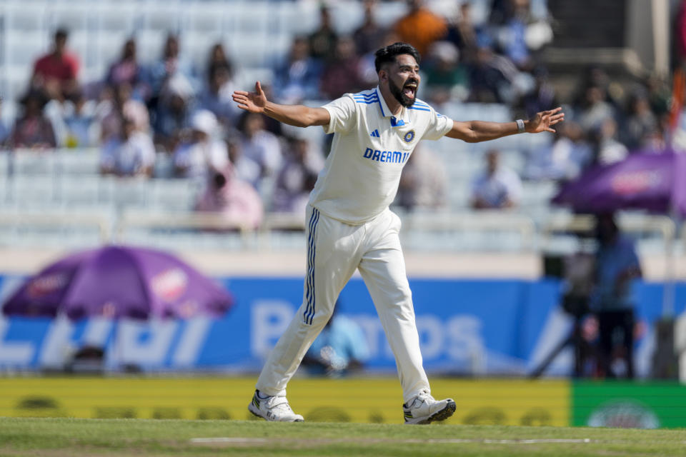 India's Mohammed Siraj appeals unsuccessfully for leg before wicket of England's Zak Crawley on the first day of the fourth cricket test match between England and India in Ranchi, India, Friday, Feb. 23, 2024. (AP Photo/Ajit Solanki)