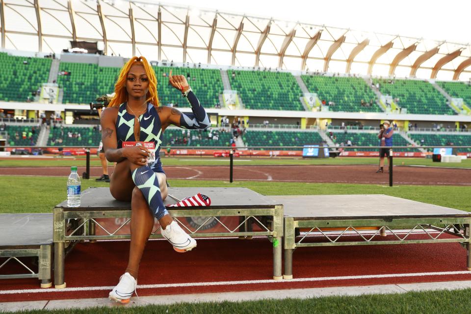 Sha'Carri Richardson celebrates winning the Women's 100 Meter final on day 2 of the 2020 U.S. Olympic Track & Field Team Trials at Hayward Field on June 19, 2021 in Eugene, Oregon. 