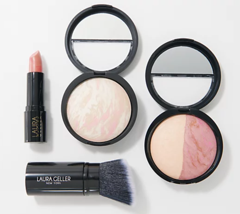 Streamline your summer makeup routine—this set includes foundation, blush, lipstick, and a Kabuki brush. (Photo: QVC)