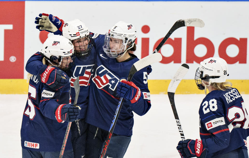 Taylor Heise of USA celebrates after scoring during The IIHF World Championship Woman's ice hockey semi-finals match between USA and Czech Republic in Herning, Denmark, Saturday, Sept. 3, 2022. (Henning Bagger/Ritzau Scanpix via AP)