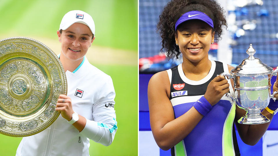 Seen here, Ash Barty with the Wimbledon trophy and Naomi Osaka holding the US Open silverware aloft.