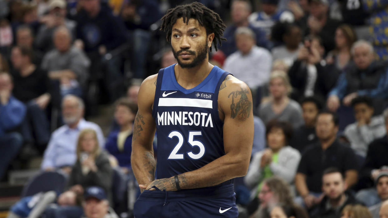 Mandatory Credit: Photo by Jim Mone/AP/REX/Shutterstock (9454786y)Minnesota Timberwolves' Derrick Rose plays against the Golden State Warriors in an NBA basketball game, in MinneapolisWarriors Timberwolves Basketball, Minneapolis, USA - 11 Mar 2018.