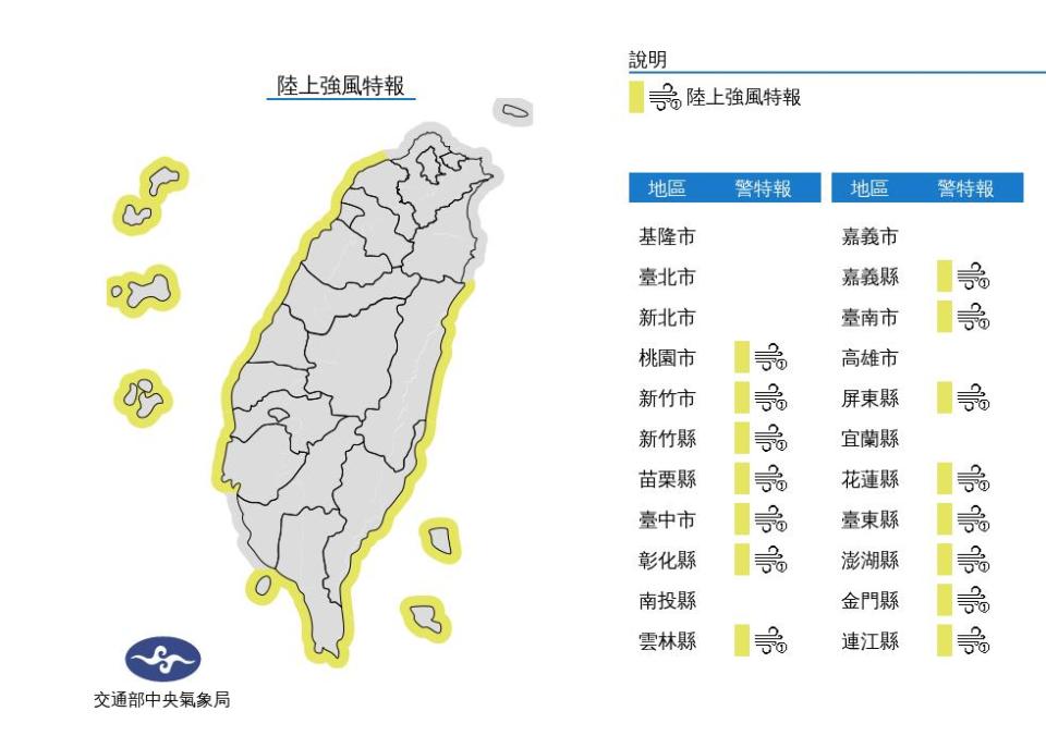 東北風明顯偏強，桃園至台南、東部、東南部（含蘭嶼、綠島）、恆春半島沿海空曠地區及澎湖、金門、馬祖易有9至10級強陣風。（圖／擷取自氣象局官網）