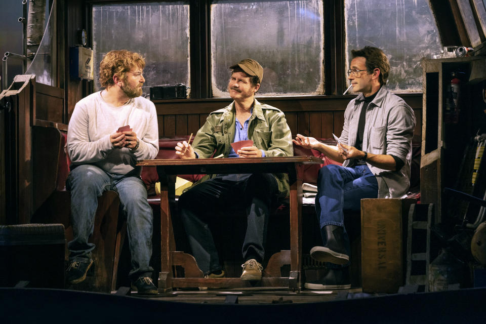 This image provided by Matthew Murphy shows Alex Brightman, from left, Ian Shaw and Colin Donnell in a scene from the play "The Shark is Broken." (Matthew Murphy via AP)