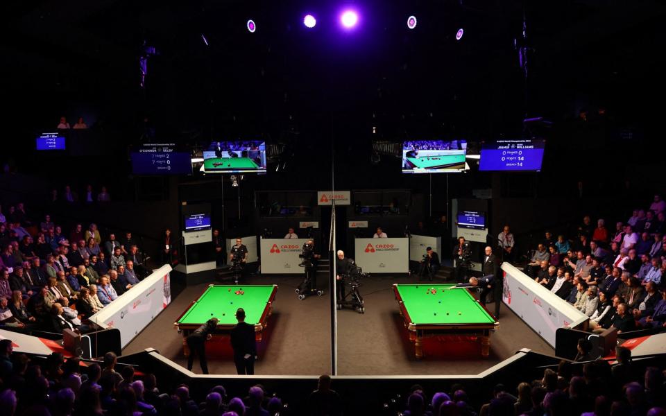 A general view at the Crucible during the first round games between Mark Selby and Joe O'Connor and Mark Williams and Si Jiahui on April 22, 2024