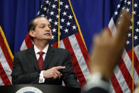 Labor Secretary Alex Acosta calls on a reporter to ask a question during a news conference at the Department of Labor, Wednesday, July 10, 2019, in Washington. (AP Photo/Alex Brandon)