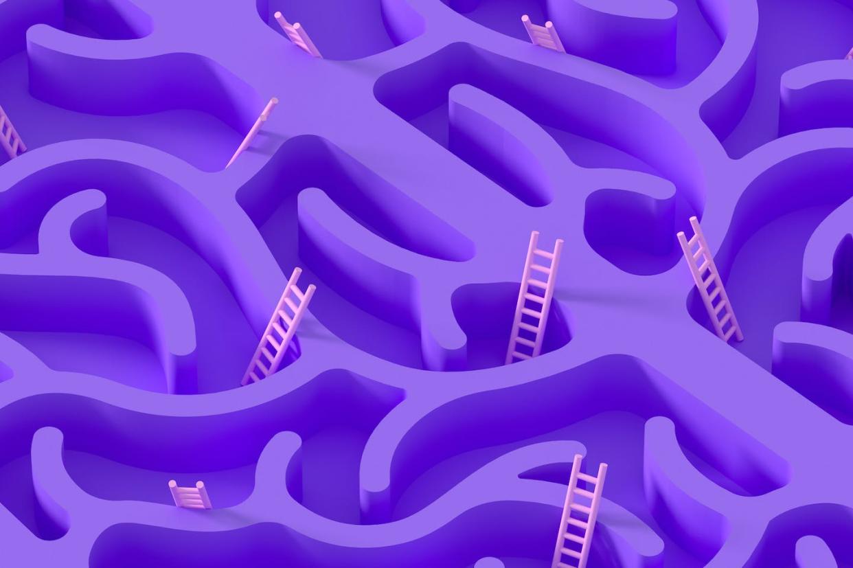 A class of inhibitory neurons can make long-distance connections across both hemispheres of the brain. <a href="https://www.gettyimages.com/detail/photo/brain-shape-labyrinth-with-staircase-royalty-free-image/1384468191" rel="nofollow noopener" target="_blank" data-ylk="slk:akinbostanci/iStock via Getty Images Plus;elm:context_link;itc:0;sec:content-canvas" class="link ">akinbostanci/iStock via Getty Images Plus</a>