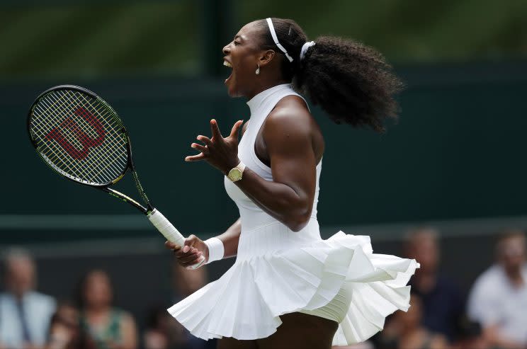 Serena Williams of the U.S celebrates a point against Amara Safikovic of Switzerland during their women's singles match on day two of the Wimbledon Tennis Championships in London, Tuesday, June 28, 2016. (Ben Curtis/AP)