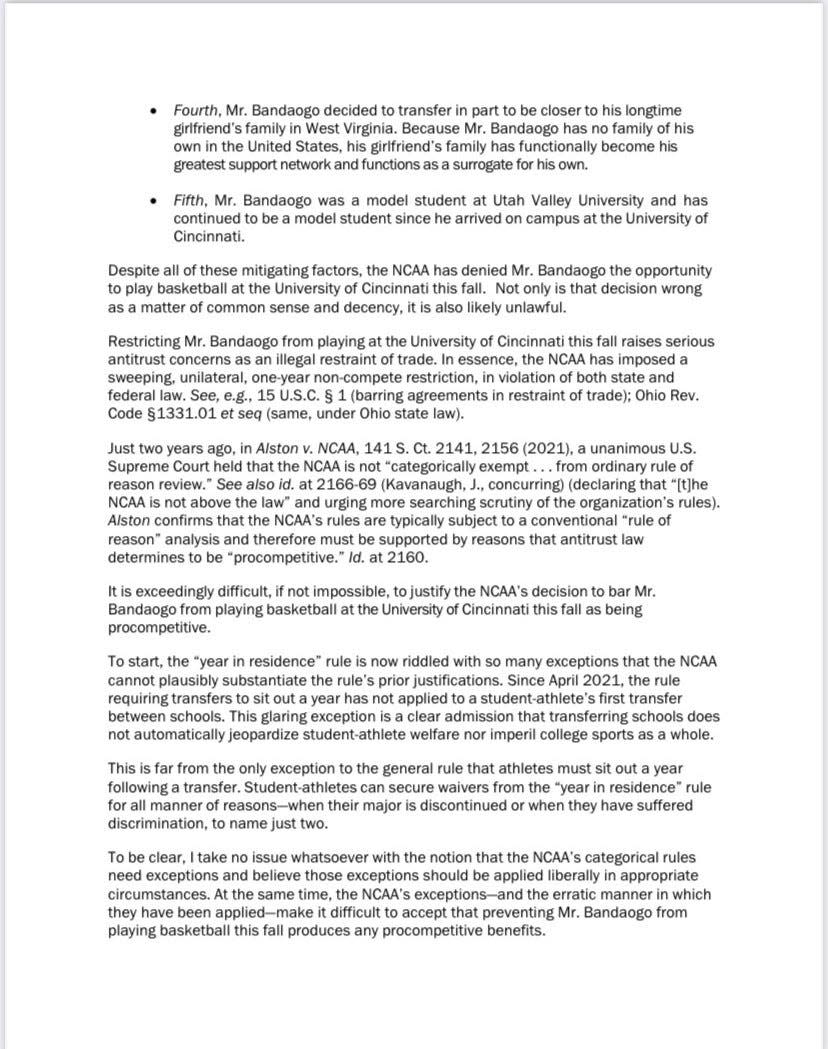 The four-page letter Ohio Attorney General Dave Yost sent the NCAA in support of University of Cincinnati basketball player Aziz Bandaogo.