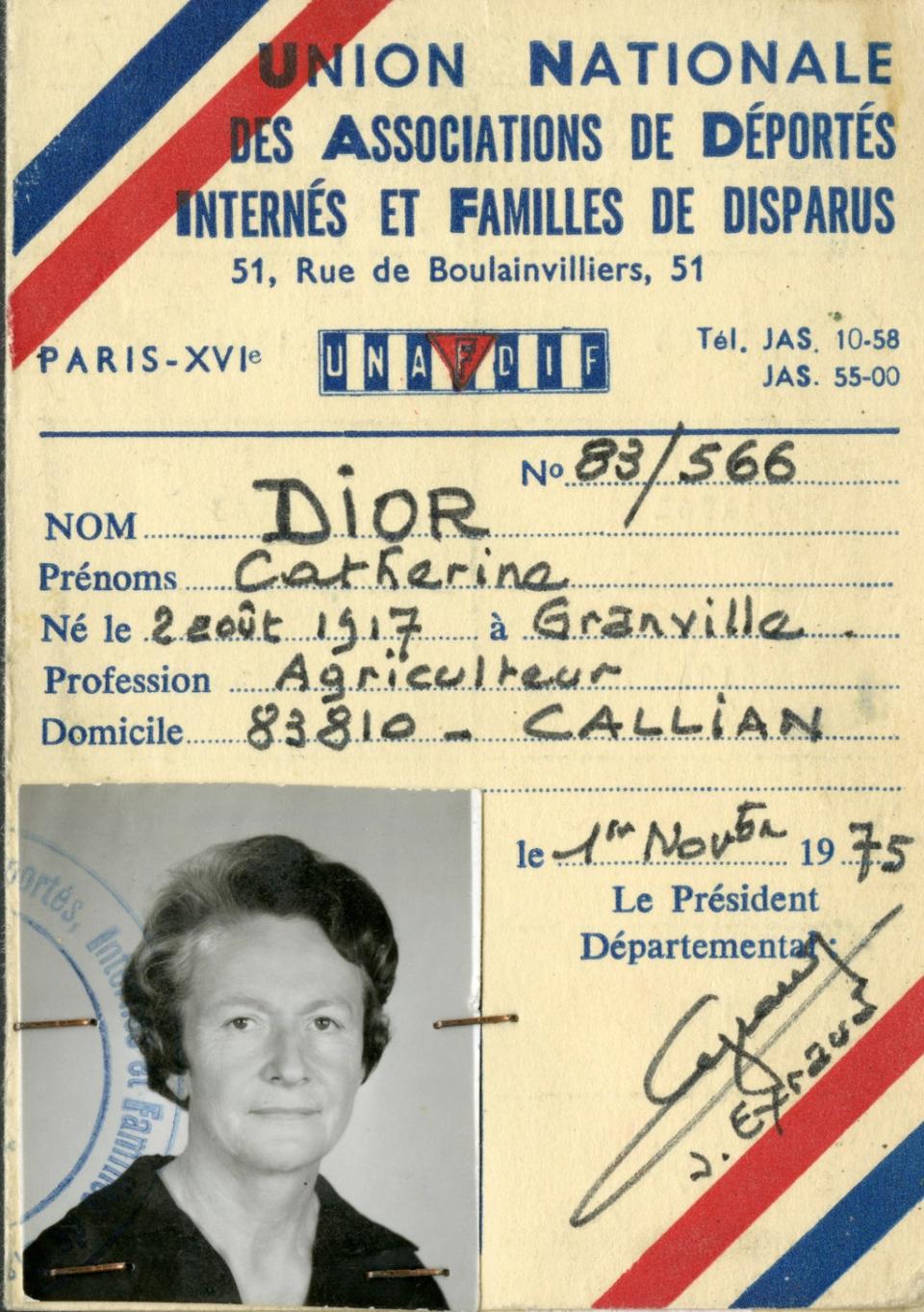 This official document issued by the French government reflects Catherine Dior’s status as someone who was a victim of deportation (Collection Christian Dior Parfums, Paris)