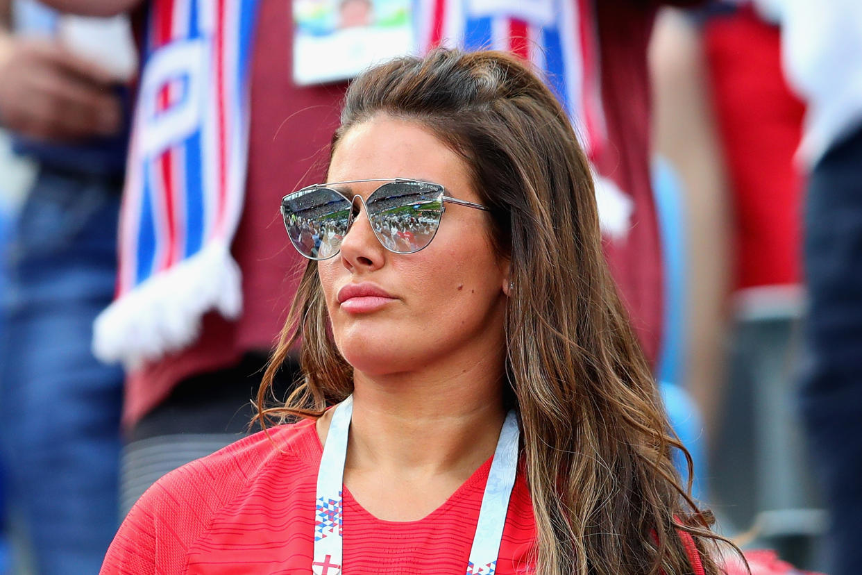 NIZHNY NOVGOROD, RUSSIA - JUNE 24: Wife of Jamie Vardy of England Rebekah Vardy looks on during the 2018 FIFA World Cup Russia group G match between England and Panama at Nizhny Novgorod Stadium on June 24, 2018 in Nizhny Novgorod, Russia.  (Photo by Chris Brunskill/Fantasista/Getty Images)